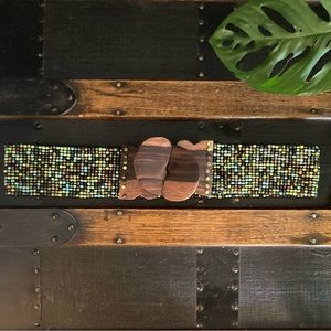 NWOT! Handmade green, turquoise, & copper beaded belt w/ wood buckle, OS
